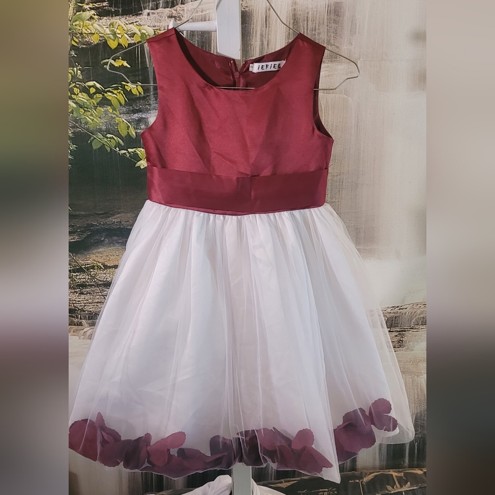 iefiel Girls 6 burgundy & white wedding formal flower girl dress floating petals